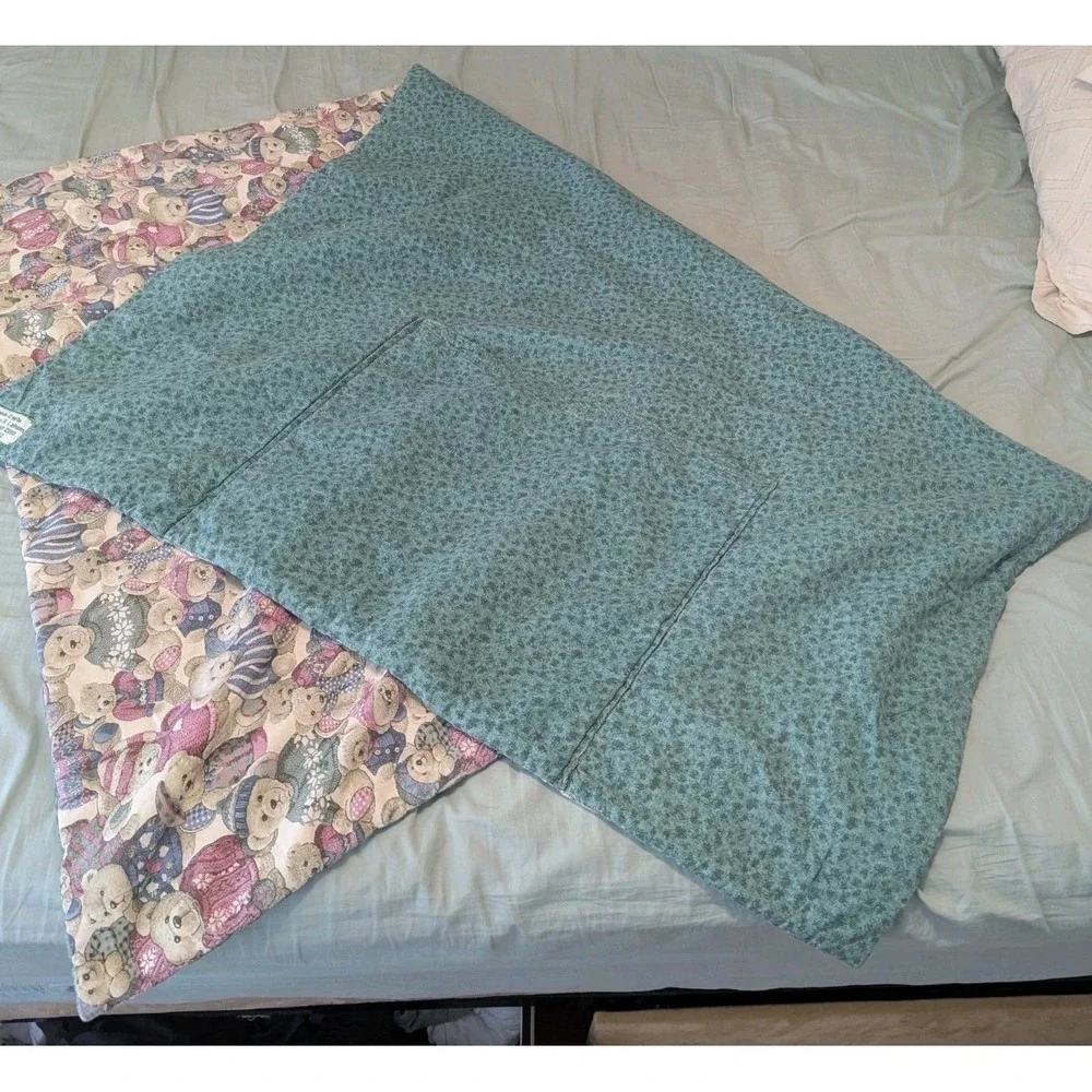 Cottagecore Teddy Bear Quilt Foldaway Pillow Handmade Throw Blanket 42x68